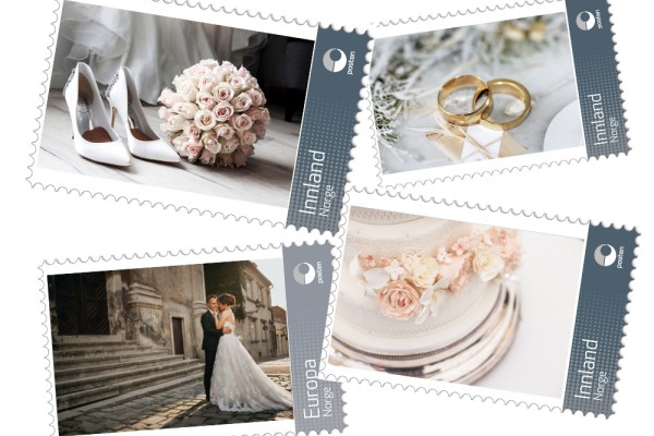 Collage av fire frimerker laget som personlige frimerker med bryllupsmotiver