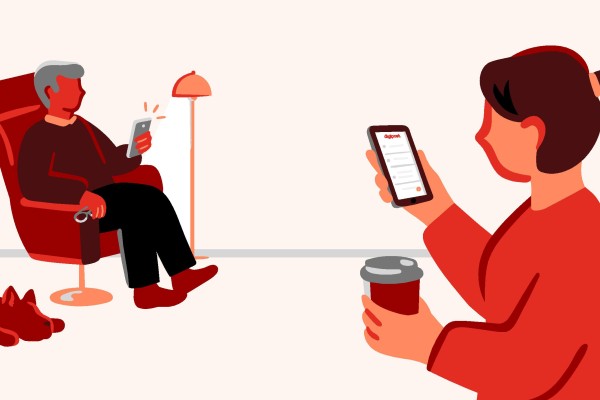 Illustrasjon av mann i lenestol med nettbrett og same med telefon og en kaffe.