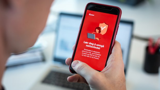 Person holding a mobile phone reading about online fraud.