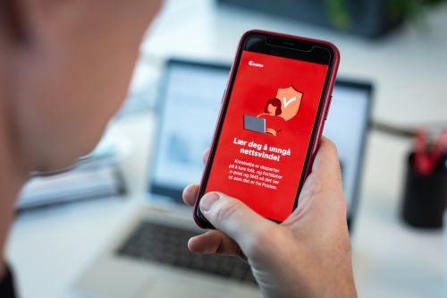 Person holding a mobile phone reading about online fraud.