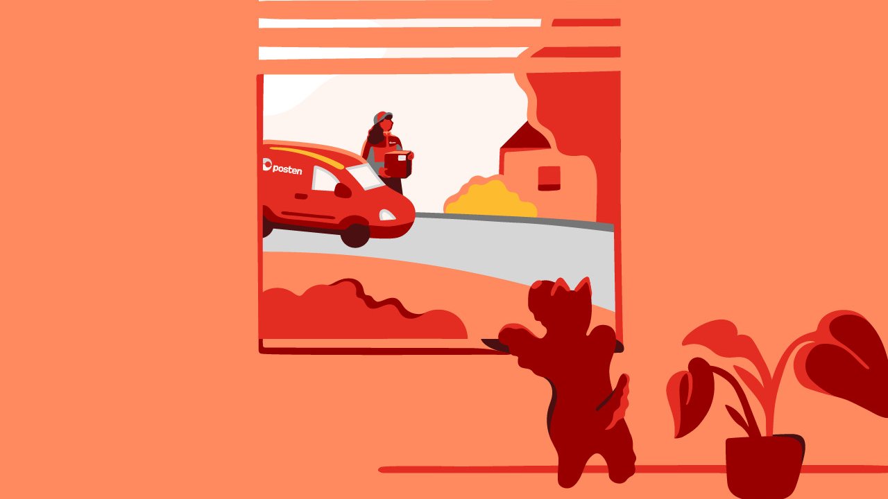 Illustration with a dog in the window looking out on a Posten car and postman arriving with a parcel.