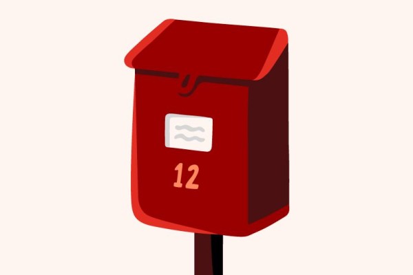 Illustration of a red mailbox on a stick with pink background