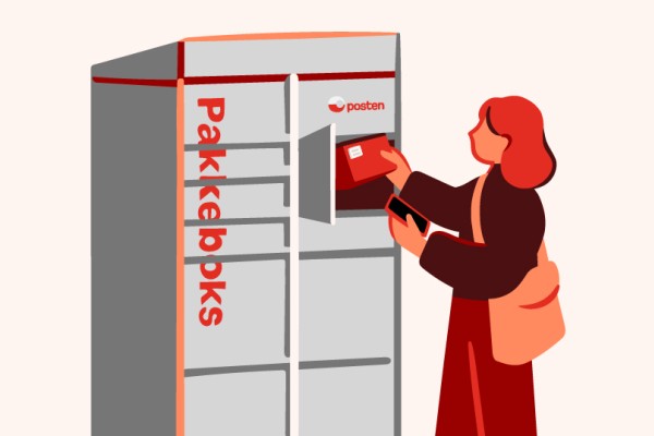 Illustration of a woman fetching a parcel from an open locker in the parcel box (Pakkeboks)