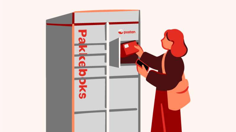 Illustration of a woman fetching a parcel from an open locker in the parcel box (Pakkeboks)