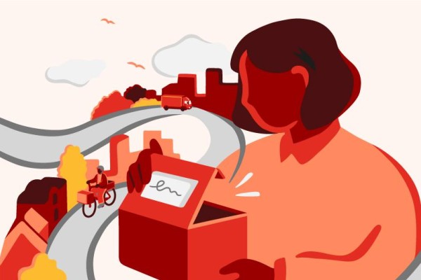 Illustration of woman opening a parcel, and behind her a scenery of housings and a truck and a bicycle on a road