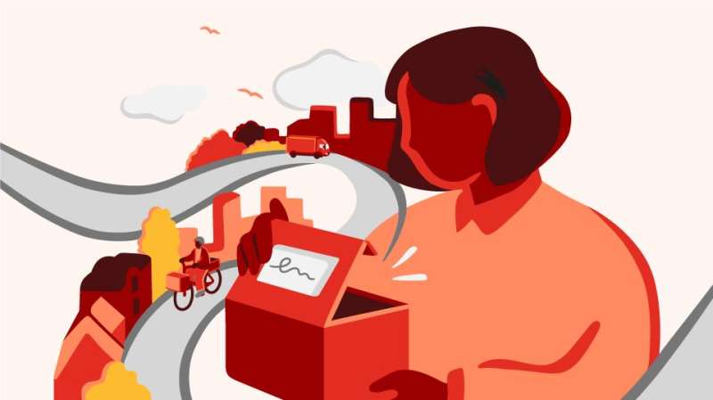 Illustration of woman opening a parcel, and behind her a scenery of housings and a truck and a bicycle on a road