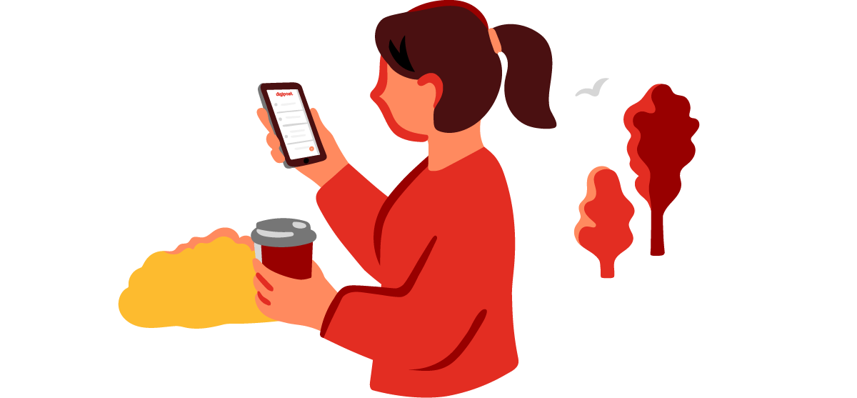 Illustration of lady with a coffe and cell phone outside