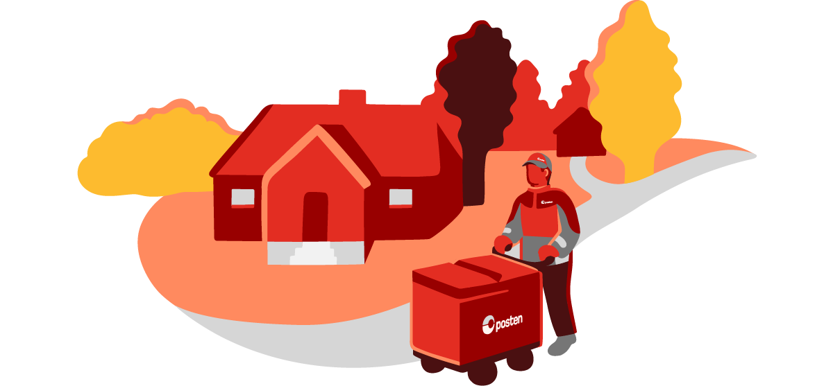 Illustration of mailman with trolley outside a house