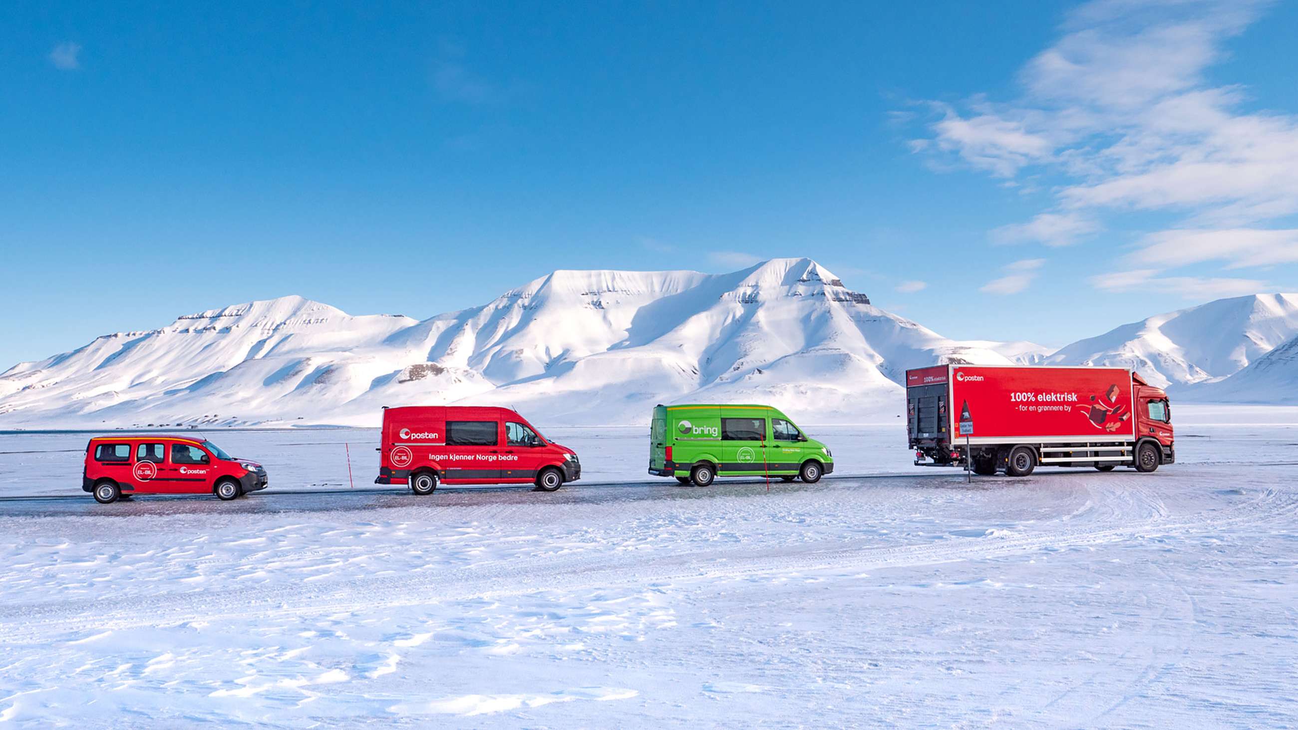Posten- og Bring-elbiler i vinterlandskap
