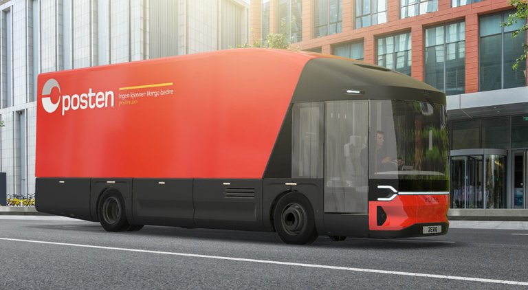 Illustrasjon av elektrisk truck med Posten-farger og logo.