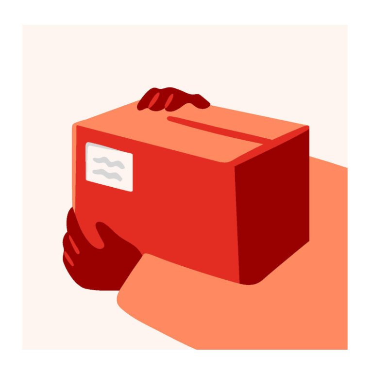 Illustrasjon av rød pakke som holdes av to hender.
