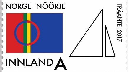 Det samiske flagget og stilisert tegning av Sametingsbygningen i Karasjok.