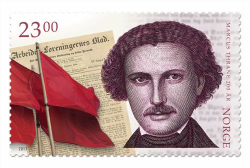 Marcus Thrane, røde faner og forsiden av første nummer av Arbeider-Foreningernes Blad