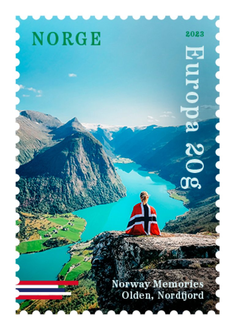 Motiv fra Olden, Nordfjord på ett av frimerkene i serien Norgesminner – NK2096