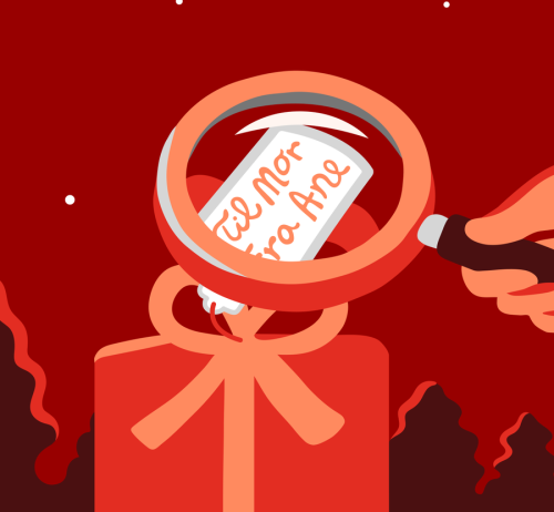 Illustrasjon av et forstørrelsesglass over en julegave med navnelapp