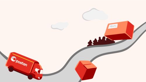 Illustrasjon av en Posten-lastebil og pakker på en vei.