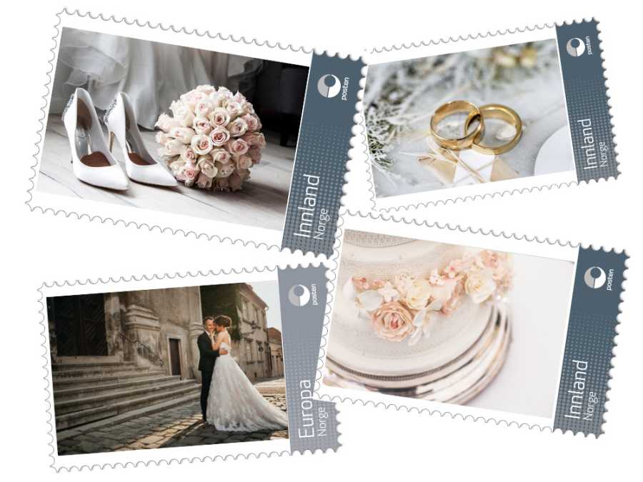 Collage av fire frimerker laget som personlige frimerker med bryllupsmotiver