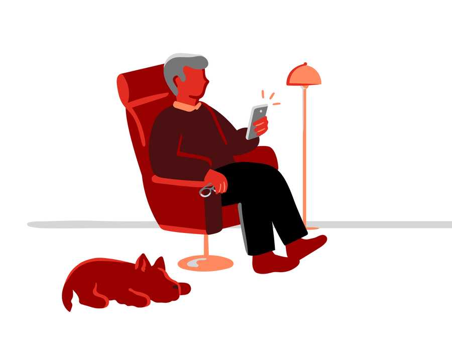 Illustrasjon av en mann i lenestol med mobil i hånda og en hund liggende på gulvet.