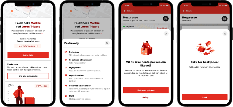 Skjermdumper fra Posten-appen om å sende pakker i retur tidligere