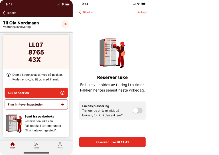 Skjermbilder fra Posten-appen som viser valg for å sende fra Pakkeboks og reservere luke