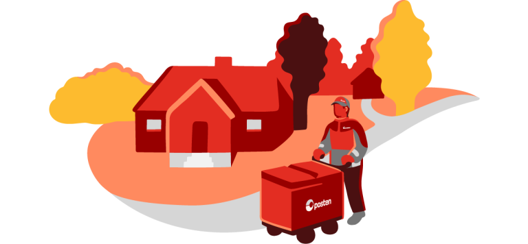 Illustration of mailman with trolley outside a house